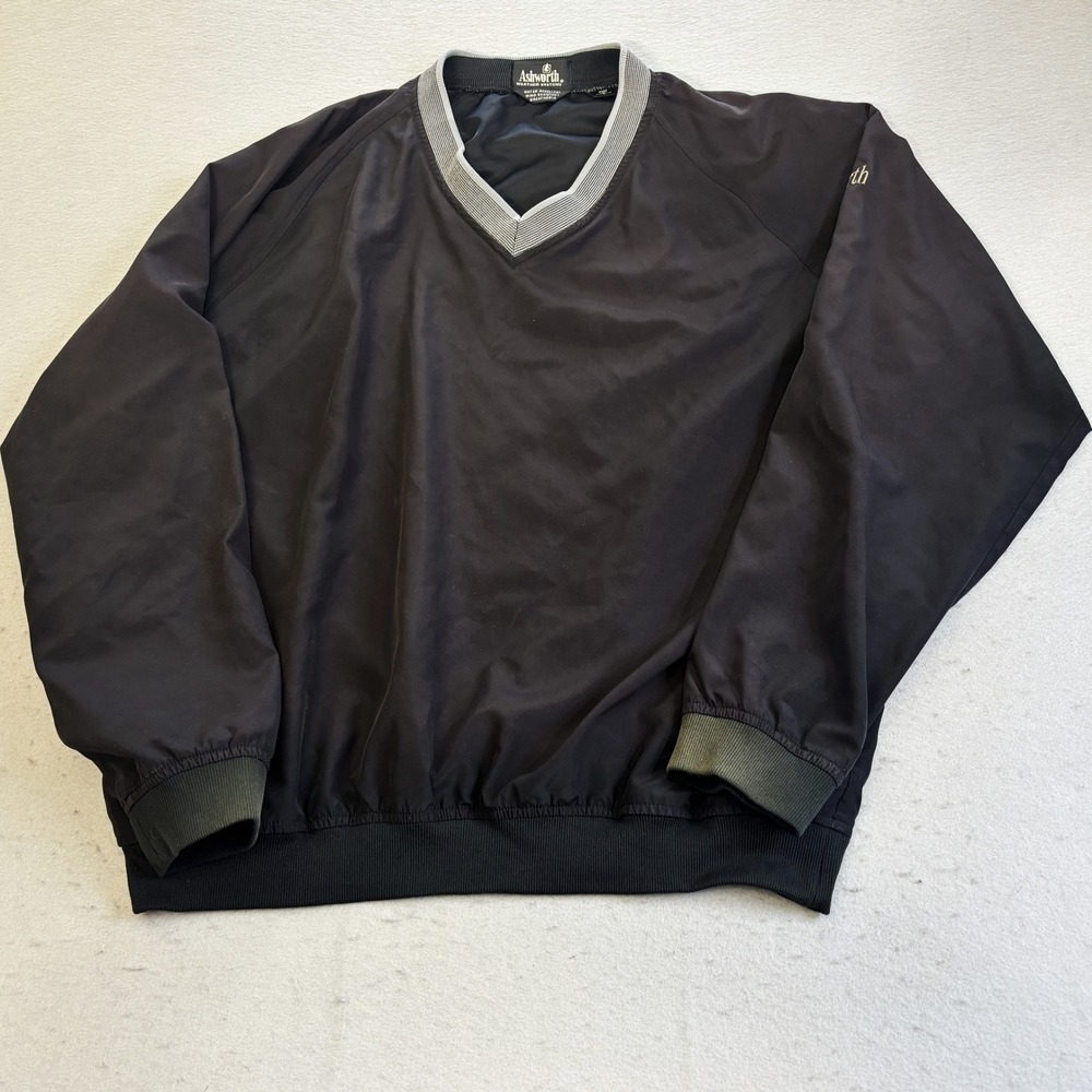 Ashworth Windbreaker Pullover Mens Large Black V-Neck Golf Windshirt Jacket